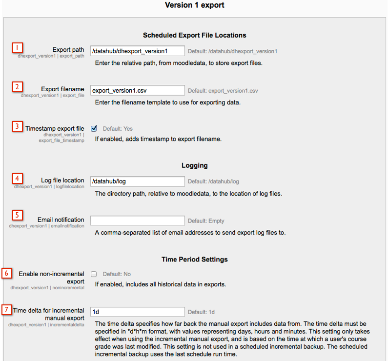 Version 1 export settings