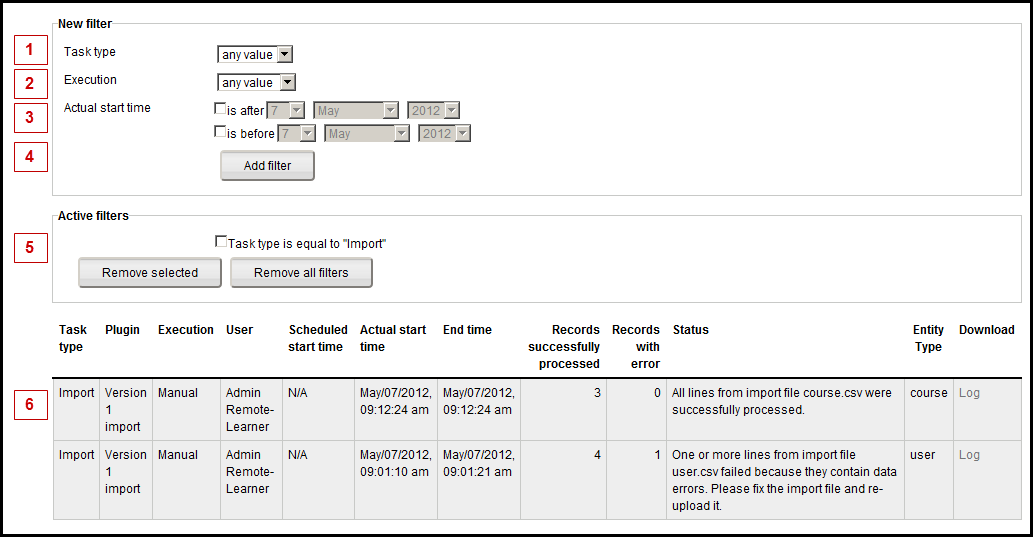 Log viewing screen