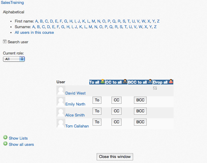 iMail contacts pop-up window